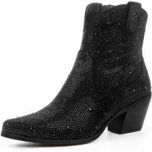 🆕Women Black-ankle Rhinestone Cowboy Mid Calf Pointed Toe Sparkly Block Heel